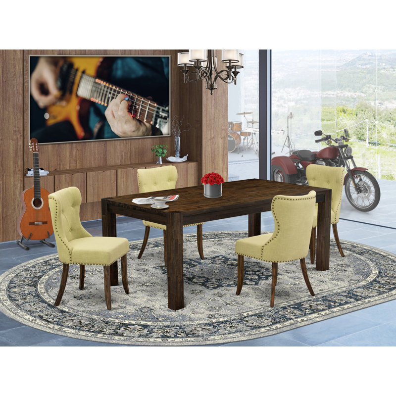 5 Piece Dinette Set for 4 Includes a Rectangle Rustic Wood Dining Room Table and 4 Limelight Linen Fabric Parsons Dining Chairs, Distressed Jacobean