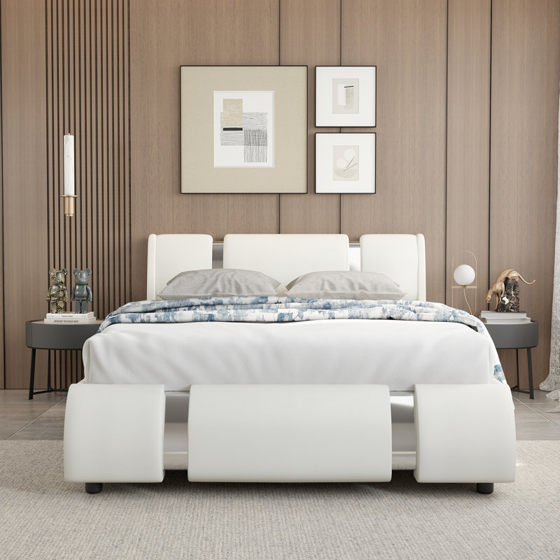 Lit plateforme double tapissier Abdul-Azeez, Double, Blanc