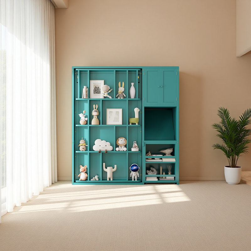Lit escamotable mural simple avec bibliothèque, armoire supérieure, bureau extensible et rangement latéral, Sarcelle