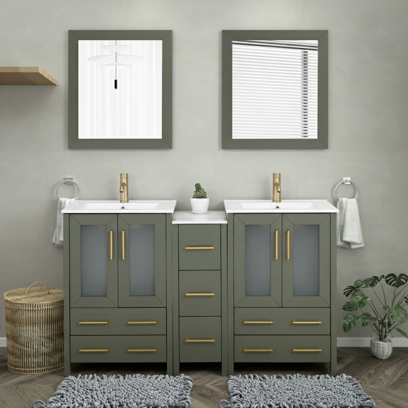 60" Double Bathroom Vanity with Top with Mirror, Vintage Green / Brushed Gold