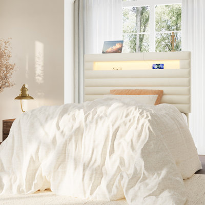 Modern Upholstered Platform Bed with Horizontal Channel Tufting, Built-In Storage Shelf, and USB/Type-C Charging Ports