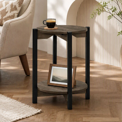 Table d'appoint ronde de style transitionnel, pieds en métal, tablette inférieure ouverte, fini foncé, meuble de salon