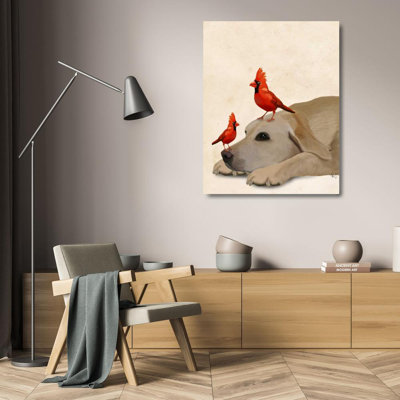 Art sur toile tendue «Lark Manor ™ Fab Funky Gallery»: Labrador avec oiseaux rouges