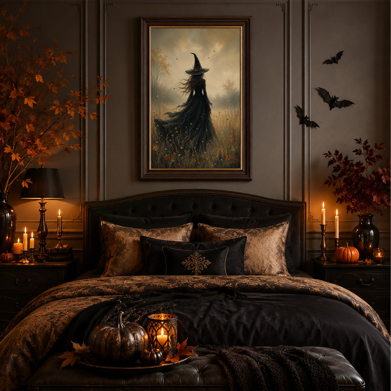 Art sur toile, sorcière au chapeau noir debout dans un champ brumeux d'Halloween, 18"H x 12"W