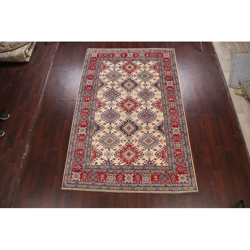 Tapis unique en laine noué à la main ivoire / rouge / bleu nouvel âge 6 pi 7 po x 9 pi 11 po