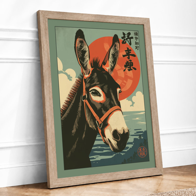 Donkey with Rising Sun Japandi - Framed Print, A2 - 59.4 x 42.0 cm, Oak