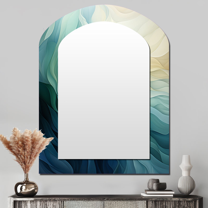 Gree and White Sway Wave Serenity IV - Miroir décoratif en arc abstrait sur métal, 43 po x 33 po