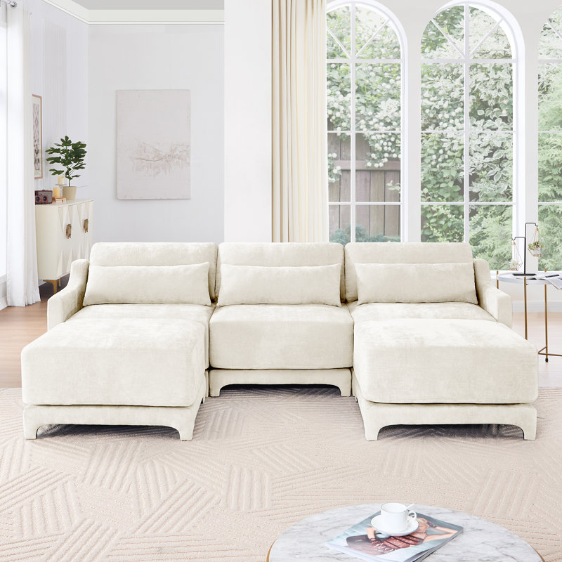 3-seater Chenille Fabric Sofa Equipped With 3 Lumbar Support Pillows And Two Footrest, Beige Chenille
