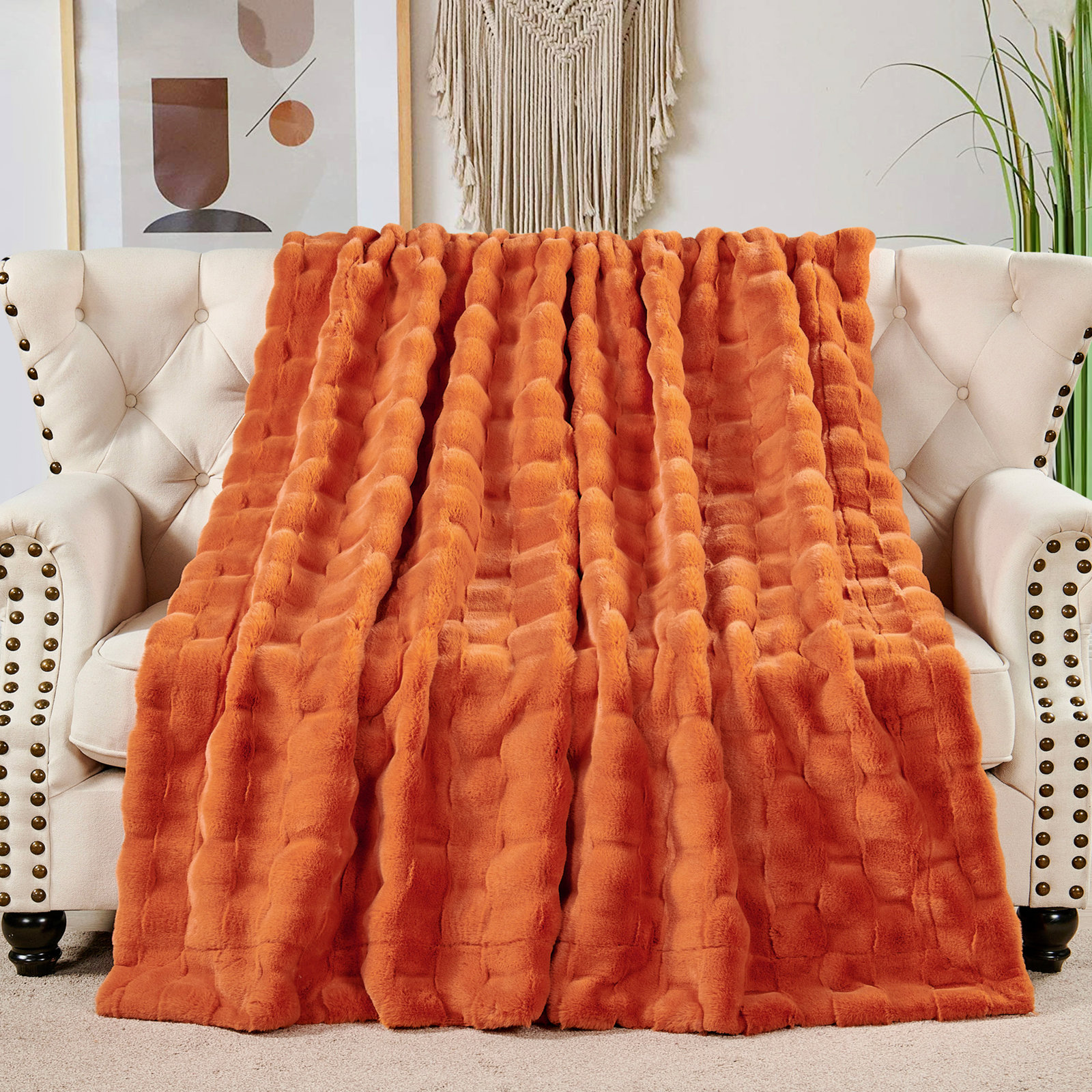 Biscoe Faux Fur Knitted Throw Blanket, Burnt Orange, 50"W x 70"L
