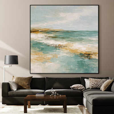 Extra Large Wall Art Fabric Print - Soft Teal Coastal Abstract Seascape with Sand and Sky for Living Room - "Frame Assembly Required (Unfinished Frame)"