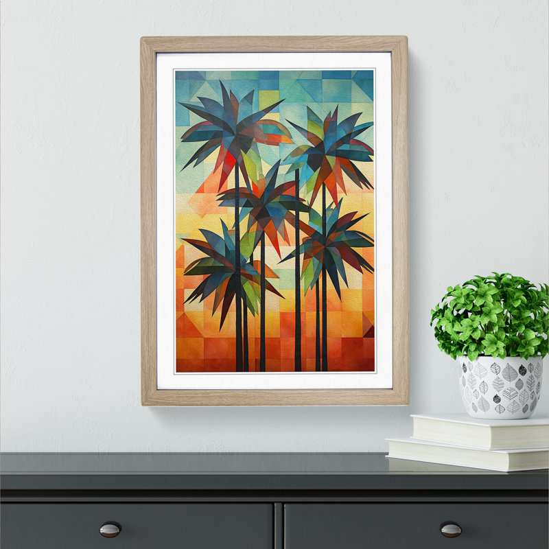Palm Tree Geometric - Single Picture Frame Print on Wood, 34cm H x 25cm W x 2" D, Oak Framed