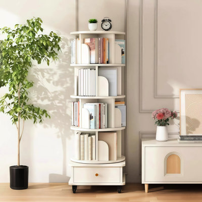 360 Spinning Bookshelf With Wheels, Stable Base And Drawer, Suitable For Small Spaces In Living Room - Warm White Home