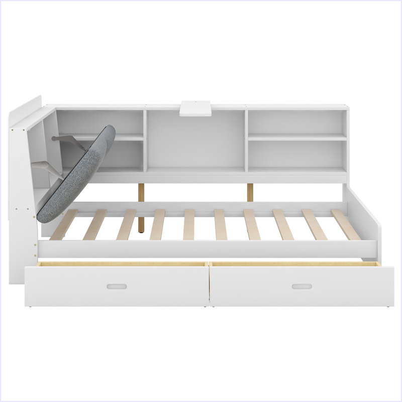 Lit plateforme en bois avec tête de lit avec rangement, tablettes et 2 tiroirs, Blanc, Lit simple
