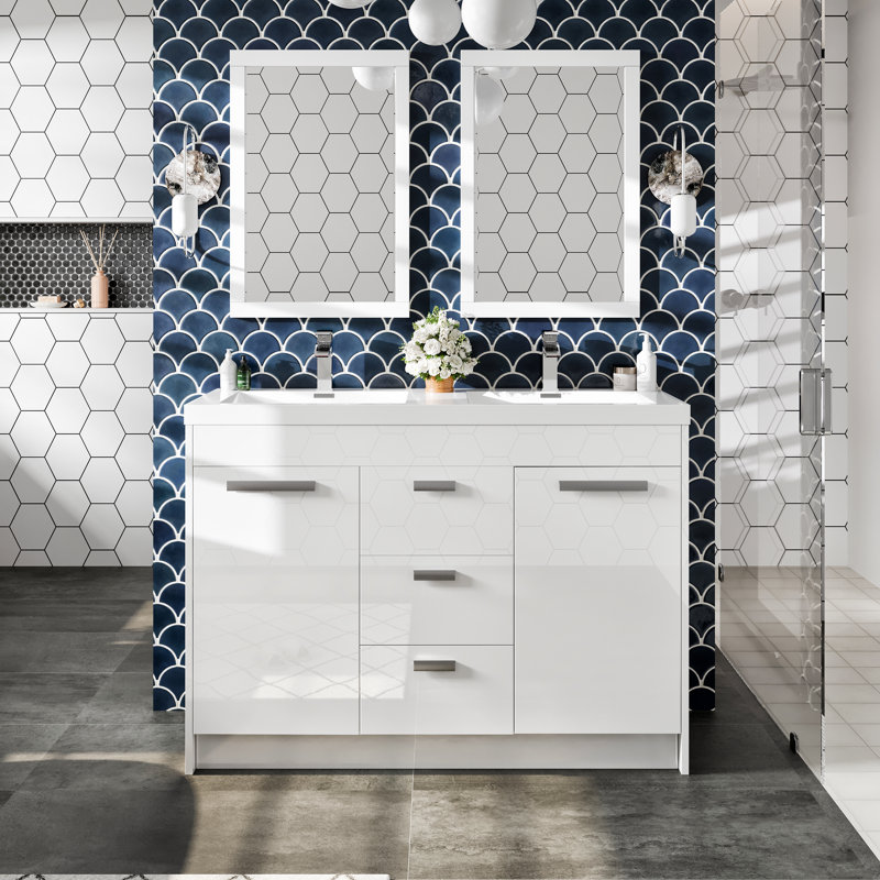 Ensemble de meuble-lavabo double 48 po Wauconda, Blanc, Chrome chrome