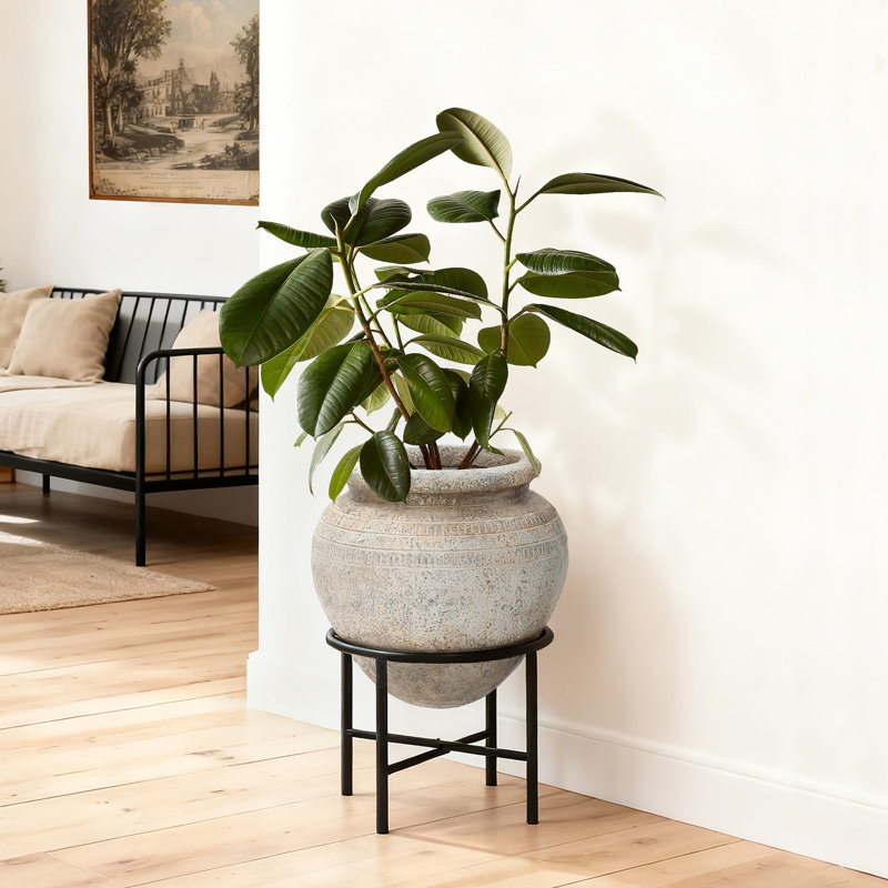 Pot à fleurs de 21 po de hauteur avec support en métal, pot rustique pour l'intérieur ou l'extérieur