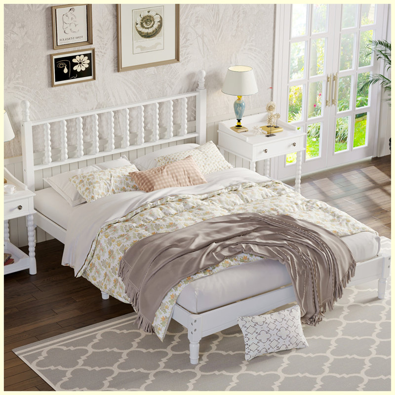 Queen Size Wood Platform Bed with Gourd Shaped Headboard,Retro Style Platform Bed with Wooden Slat Support, White