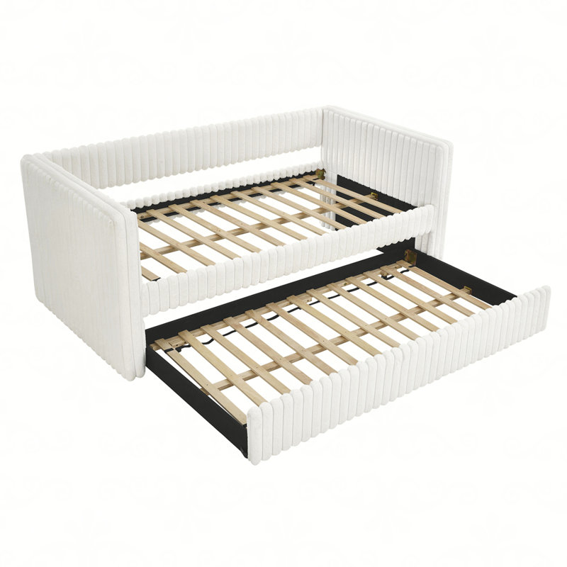 Lit de jour simple, canapé-lit rembourré, le bas se retire pour former un lit, tissu rayé en velours côtelé, Beige