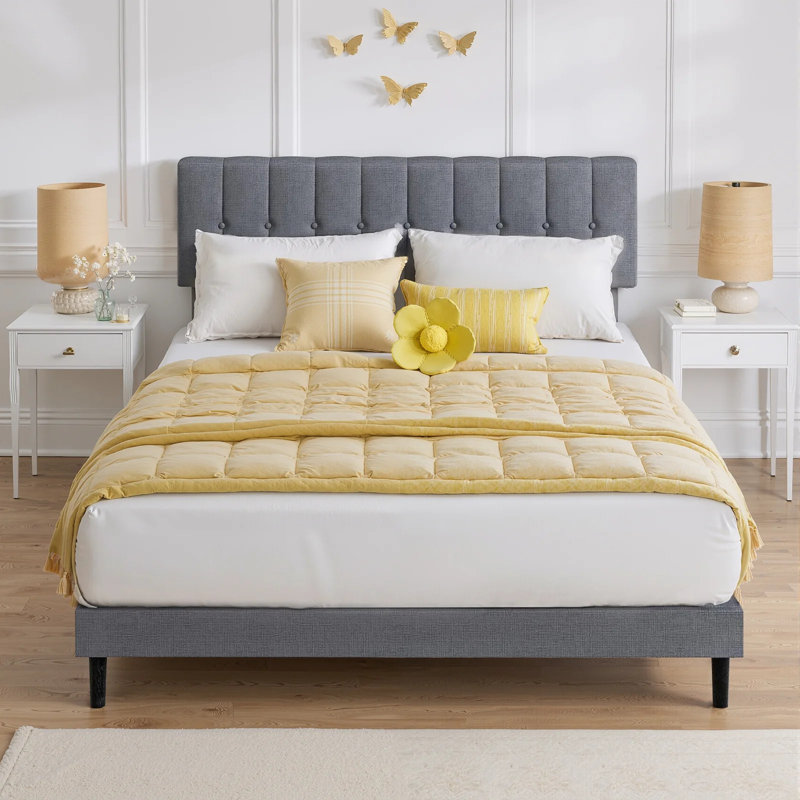 Lit plateforme Curtisa avec tête de lit tapissier réglable, aucun sommier nécessaire, Gris clair, Très grand lit