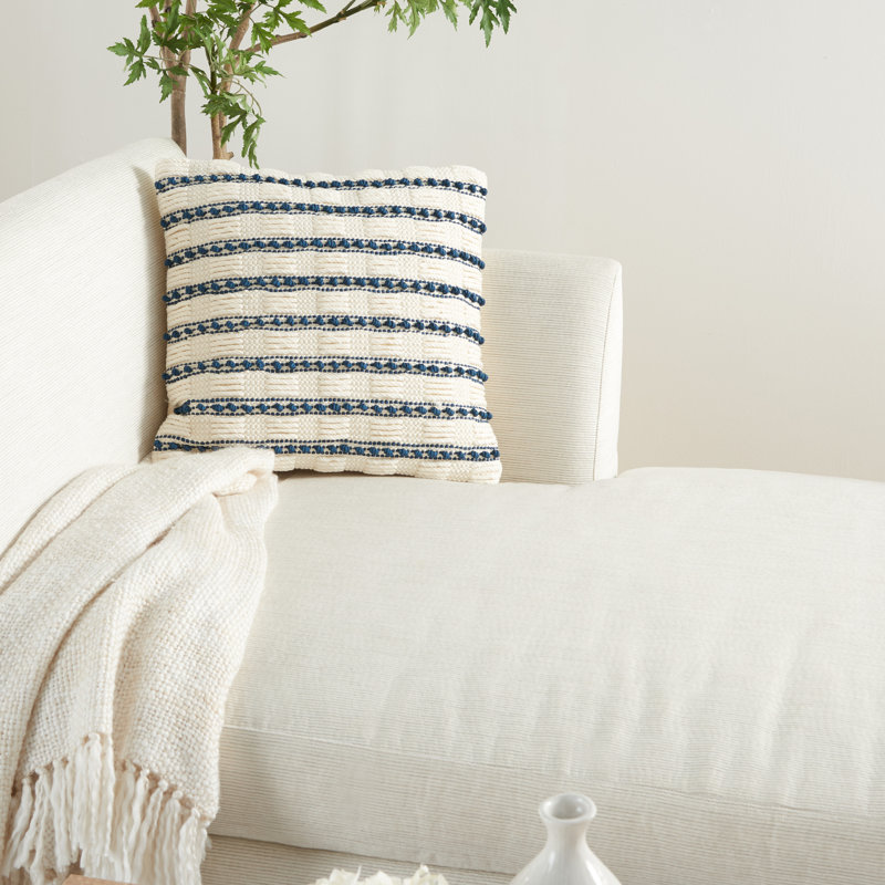 Ivory and Navy Woven Lines and Dots 18" Square Throw Pillow