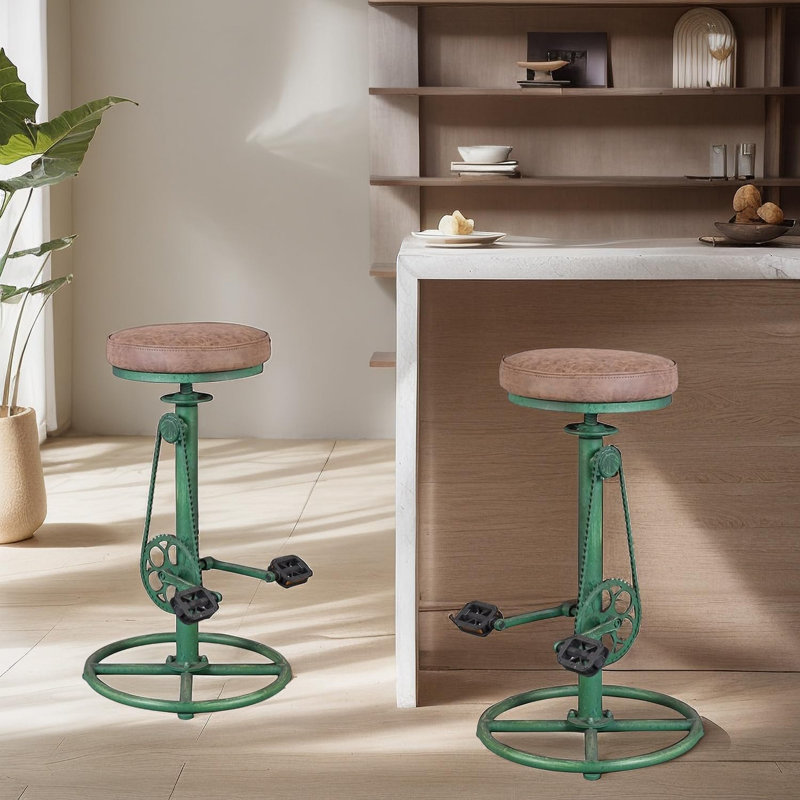 Analeesa Swivel Upholstered Adjustable Height Counter Stool with Metal Frame, Brown  Faux Leather/Antique Green Frame