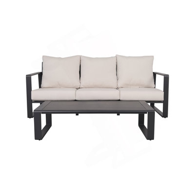 Canapé pour trois personnes + table basse rectangulaire, coussins brun clair