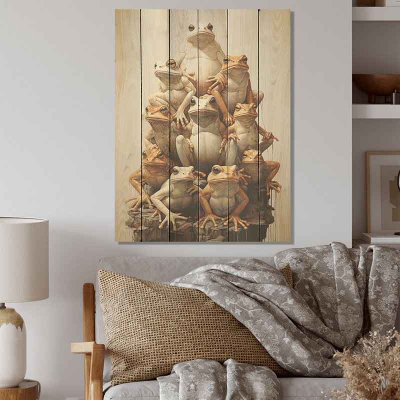 Minimalisme grenouille pyramide - grenouilles et crapauds, art mural sur bois de pin naturel, H 40 po x l 30 po