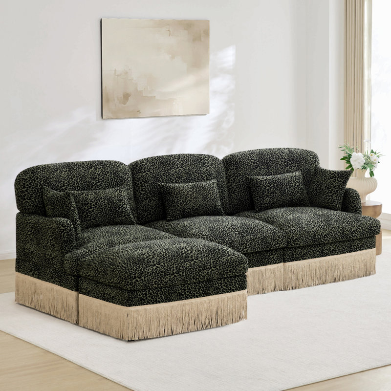Canapé en L 100 po Chenille, Vert, chenille noire