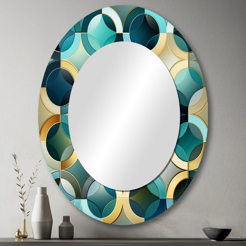 Carreaux gÃ©omÃ©triques modernes bleu sarcelle et dorÃ©s - Miroir mural ovale dorÃ©, H 43 po x l 33 po