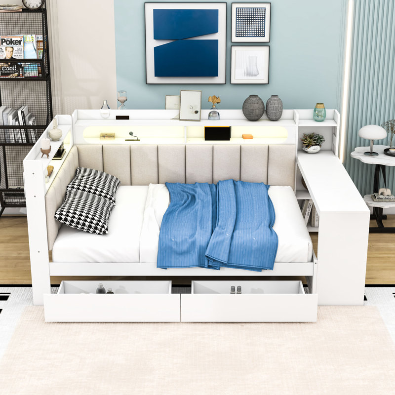 Full 2 Drawers Daybed with Desk and Shelves and Light, White