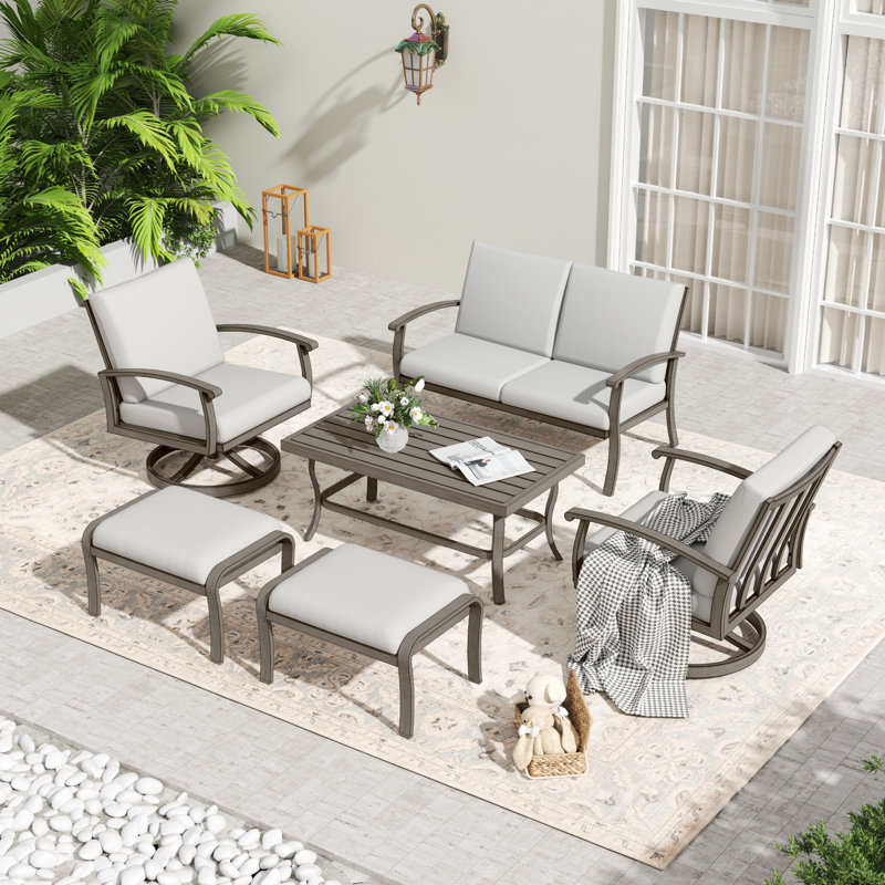 6-Piece Aluminum Patio Conversation Set With Coffee Table, Ottomans And Light Gray Cushions