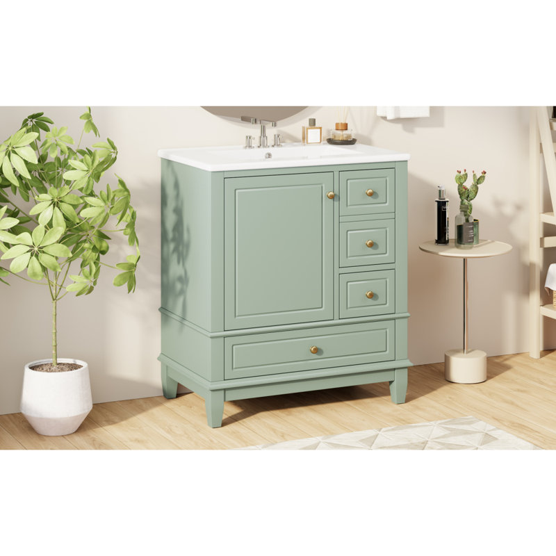Bathroom Vanity With Sink/ One Door With Shelf And Three Drawers/ Door/Bathroom Vanity Cabinet, Light Green