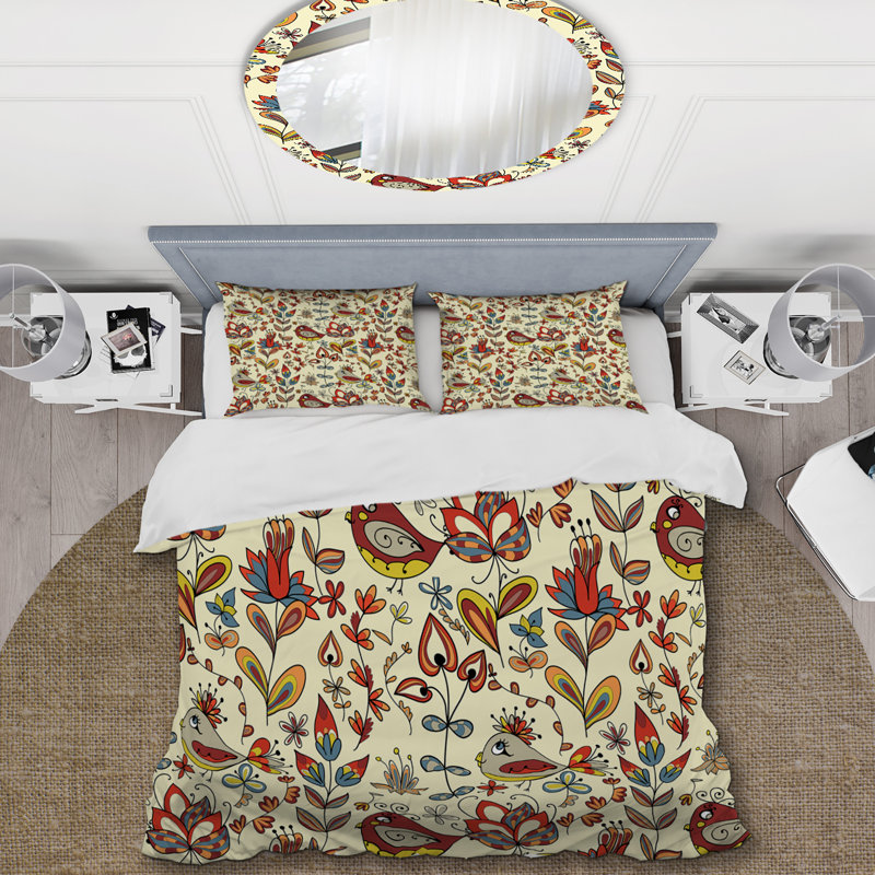 Ensemble de housse de couette oiseaux rouges et fleurs, Housse de couette pour très grand lit et 2 très