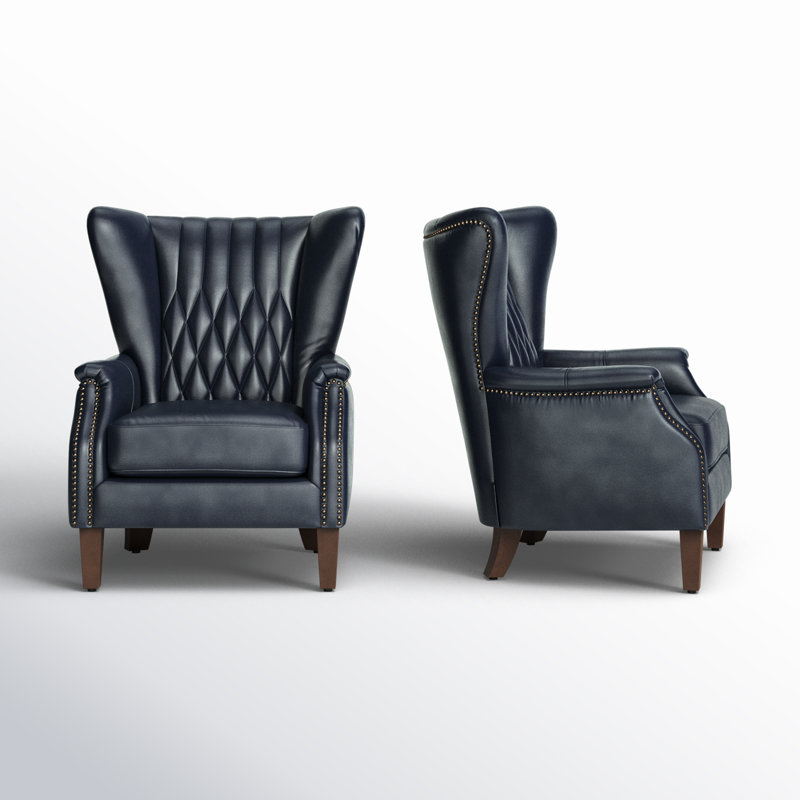 Ameliah Genuine Leather Wingback Chair, Navy Genuine Leather