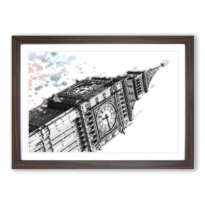 Big Ben in London in Abstract - Picture Frame Painting Print, 27cm H x 36cm W x 2cm D, Walnut Framed