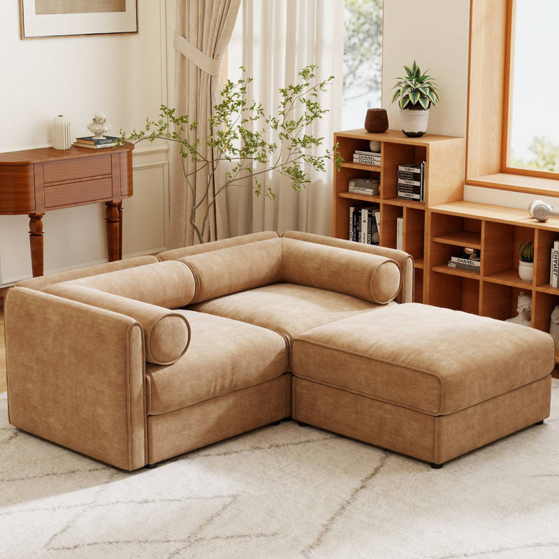Upholstered Loveseat Sofa With Ottoman, 27.9" H x 75.5" W x 37.4"D, Camel Chenille
