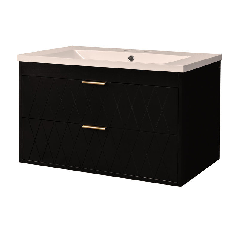 Meuble-lavabo mural 30 po avec lavabo en résine, armoire de rangement flottante avec 2 tiroirs, armoire de salle de bain en bois massif