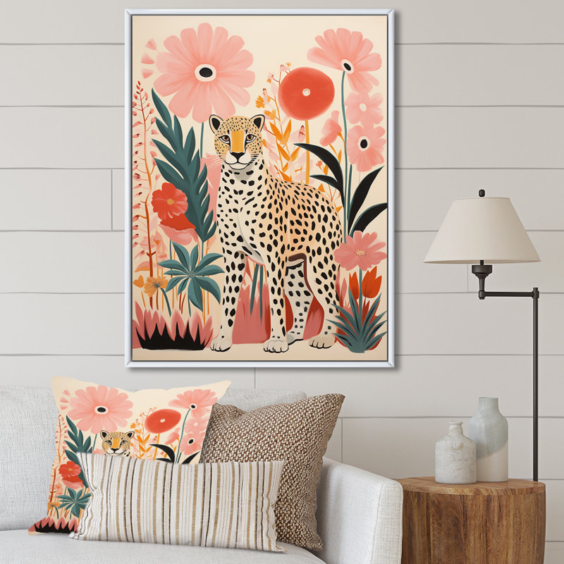 Pink and Green Tropical Leopard Canvas Print with White Floater Frame