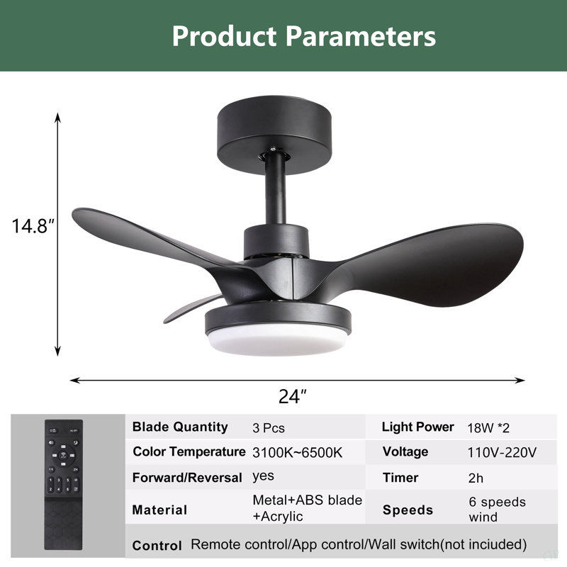 Petit ventilateur de plafond de 24 po avec télécommande légère, ventilateur de plafond noir moderne à profil bas, moteur CC réversible silencieux à 6 vitesses pour la chambre à coucher, cuisine