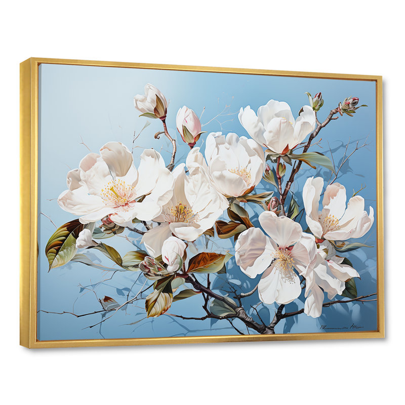 «Magnolias» blanc et bleu I - impression, H 24 po x l 32 po x P 1 po, Cadre flottant doré