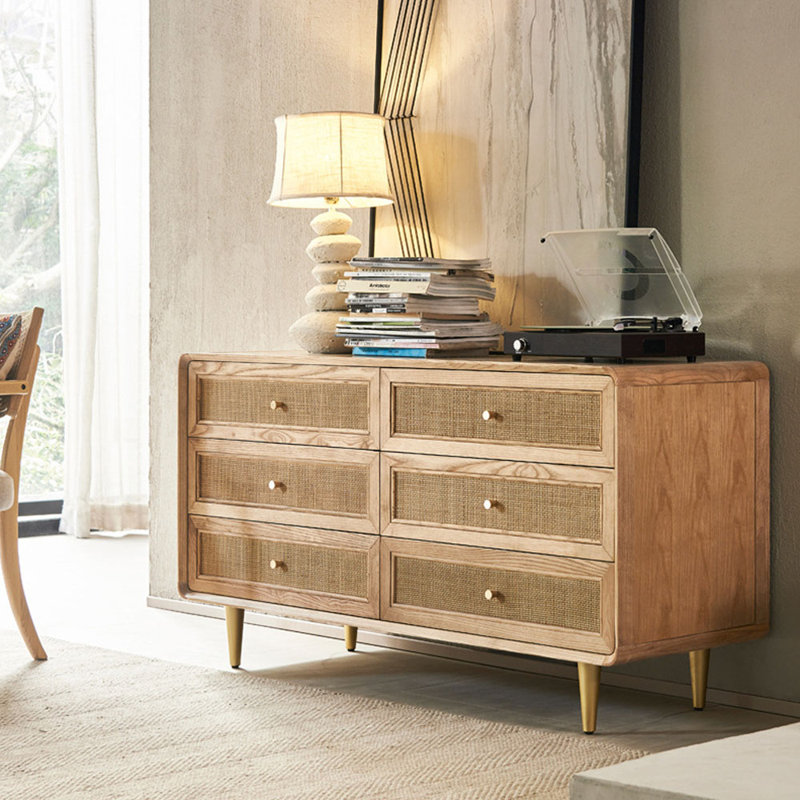 Commode 6 tiroirs en bois massif avec rangement en rotin