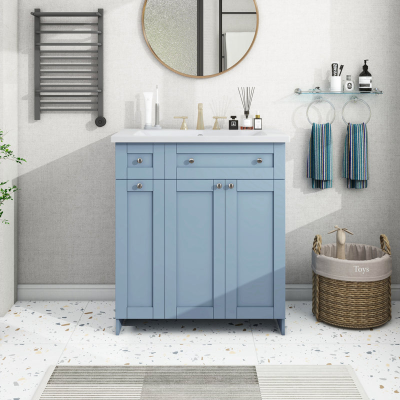 Meuble-lavabo bleu avec lavabo en céramique, Bleu