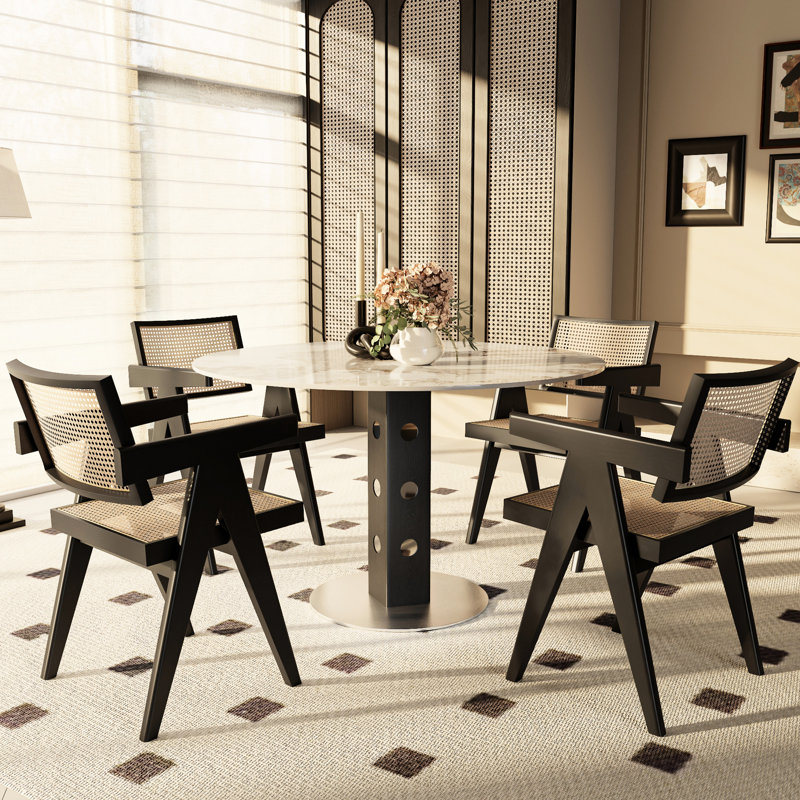 Table de salle à manger ronde de 43 po, bois massif noir et pierre frittée, conception Mid-Century moderne, base à piédestal, table à faible entretien imperméable avec plateau en pierre texturée en marbre, style rétro, chaleur