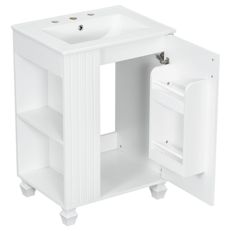 Meuble-lavabo 24 po avec lavabo, armoire de salle de bain avec tablette de porte, rangement latéral ouvert, structure en bois massif, porte à fermeture douce, blanc