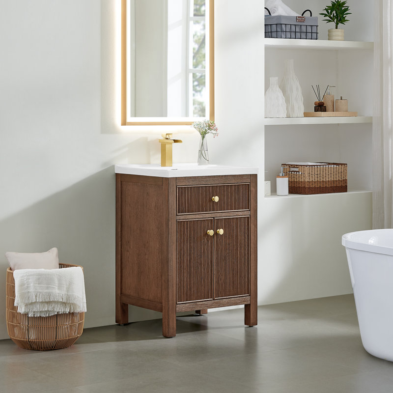 Lala 24" Single Bathroom Vanity with White Ceramic Integrated Sink without Mirror, Brown Brushed Oak