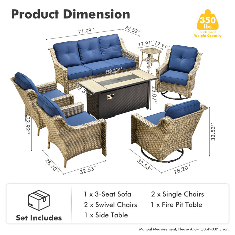 Emanuell 7 - Person Wicker Outdoor Conversation Set, Patio Sofa & Swivel Chair Set with Fire Pit and Cushions, Navy