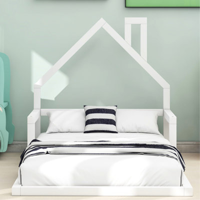 Lit simple pour chambre à coucher avec tête de lit blanche en forme de maison - Tête de lit en bois à utilisation à long terme, pin massif et bois massif, splendide