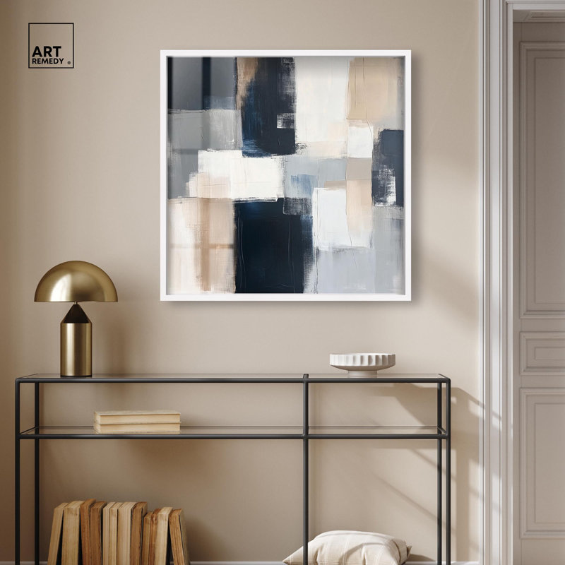 «Blue and Tan Abstraction I Shadowbox Print», art mural bleu par Art Remedy, H 31 po x l 31 po, Blanc