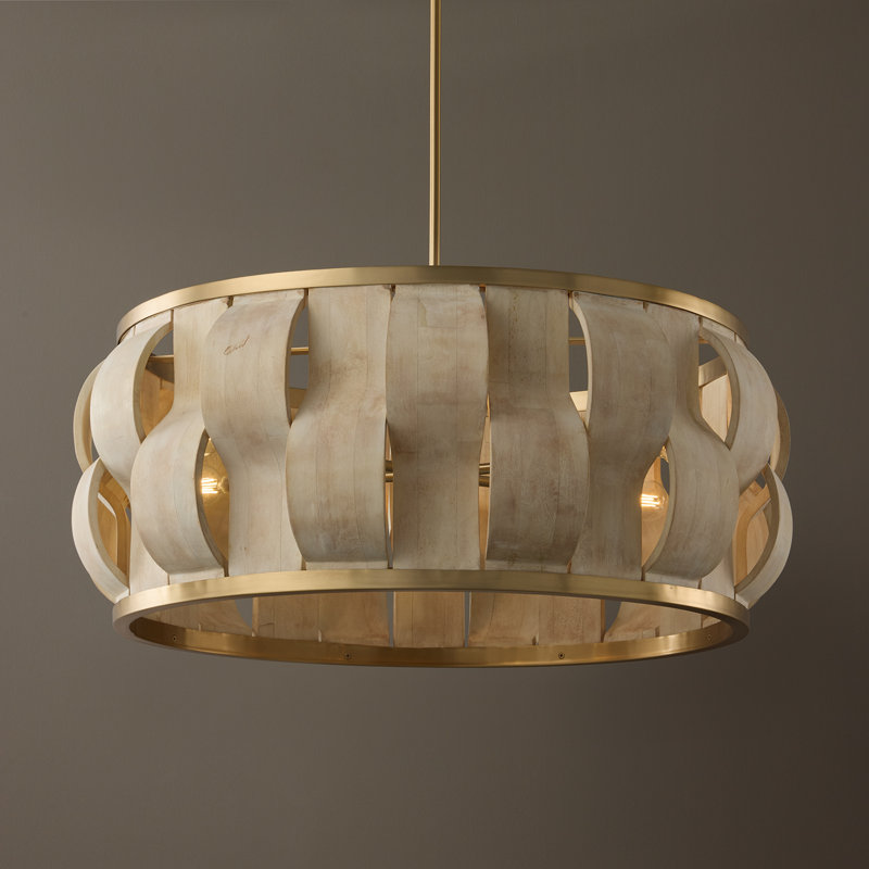 32" W x 13.5" H 6-Light Handcrafted Drum Pendant in Matte Brass with Hand-carved Bleached Mango Wood Panels, 32"W x 13.5"H