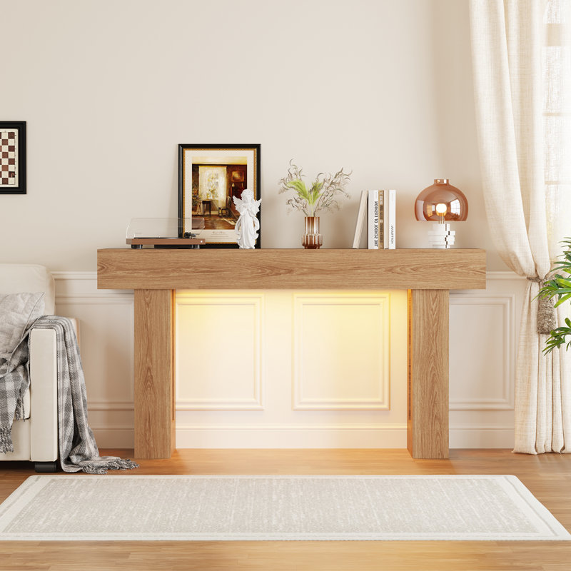 63 Inch Entryway Table with Sensor LED Light - Long Console Table, Sofa Table & Hallway Table, Wood Frame & Adjustable Ambiance for Entrance, Hallway, Living Room(Natural)
