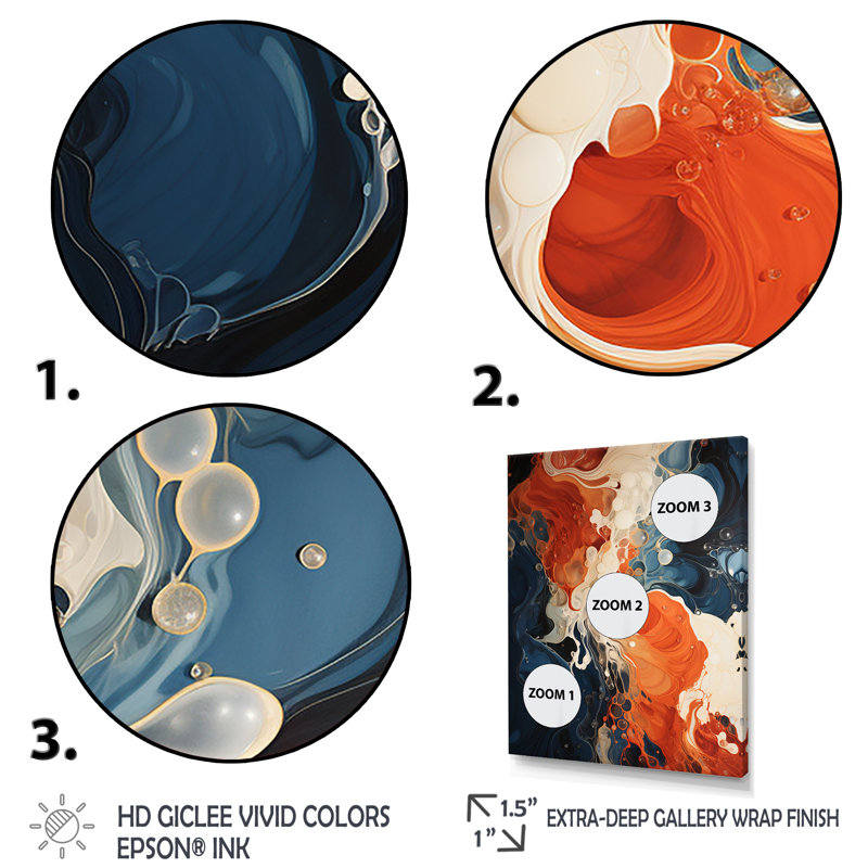 Encre liquide bleue et orange VI - Art mural abstrait, Toile tendue, H 60 po x l 40 po x P 1,5 po